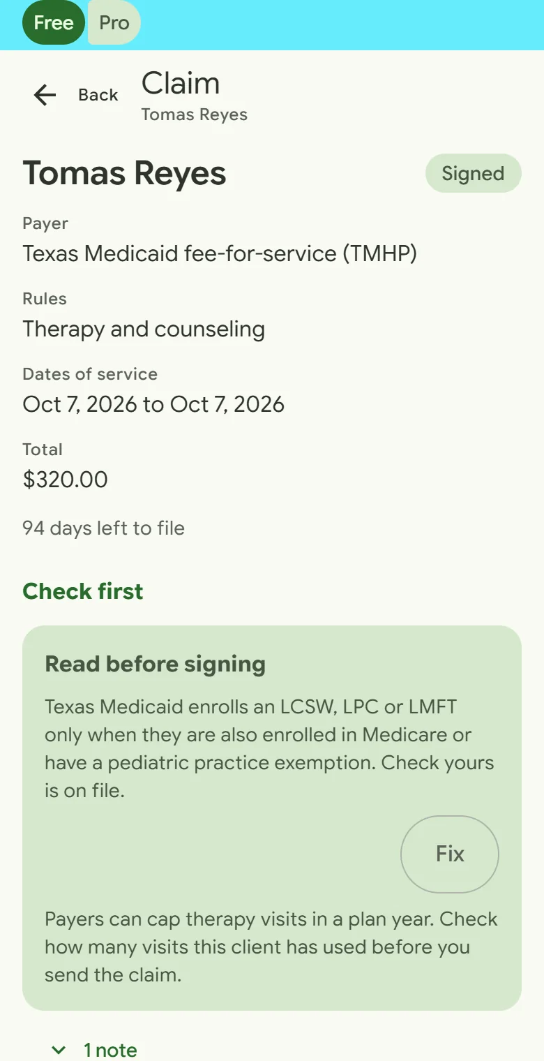 A claim in Billing Buddy: the payer, the rules it follows, the total, the days left to file, and what to check before signing.